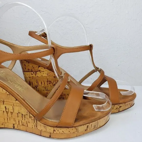 Salvatore Ferragamo Platform Cork Wedges Brown Leather SandalsItaly